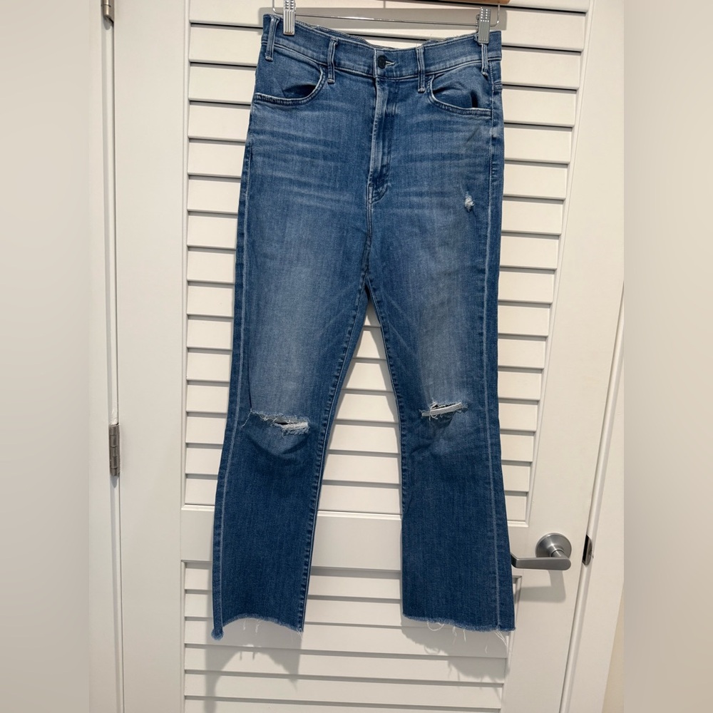 MOTHER Denim The Hustler High Waist Destroyed Blue Ankle Frayed Jeans